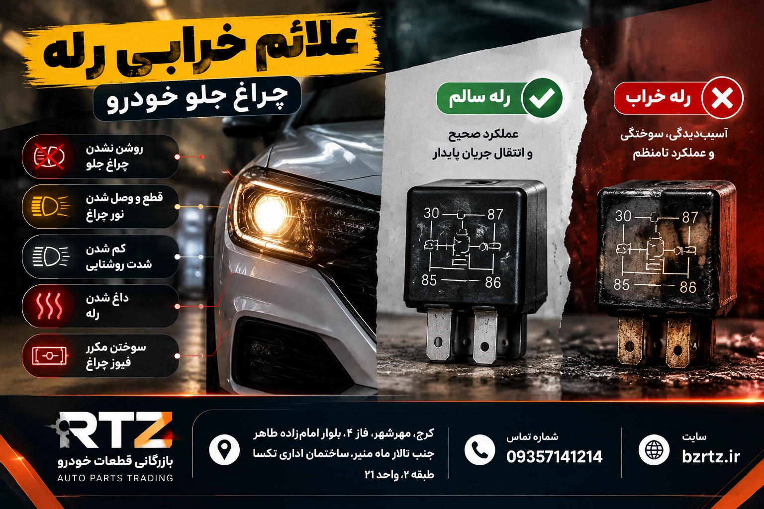 علائم خرابی رله چراغ جلو خودرو و تفاوت رله سالم و خراب